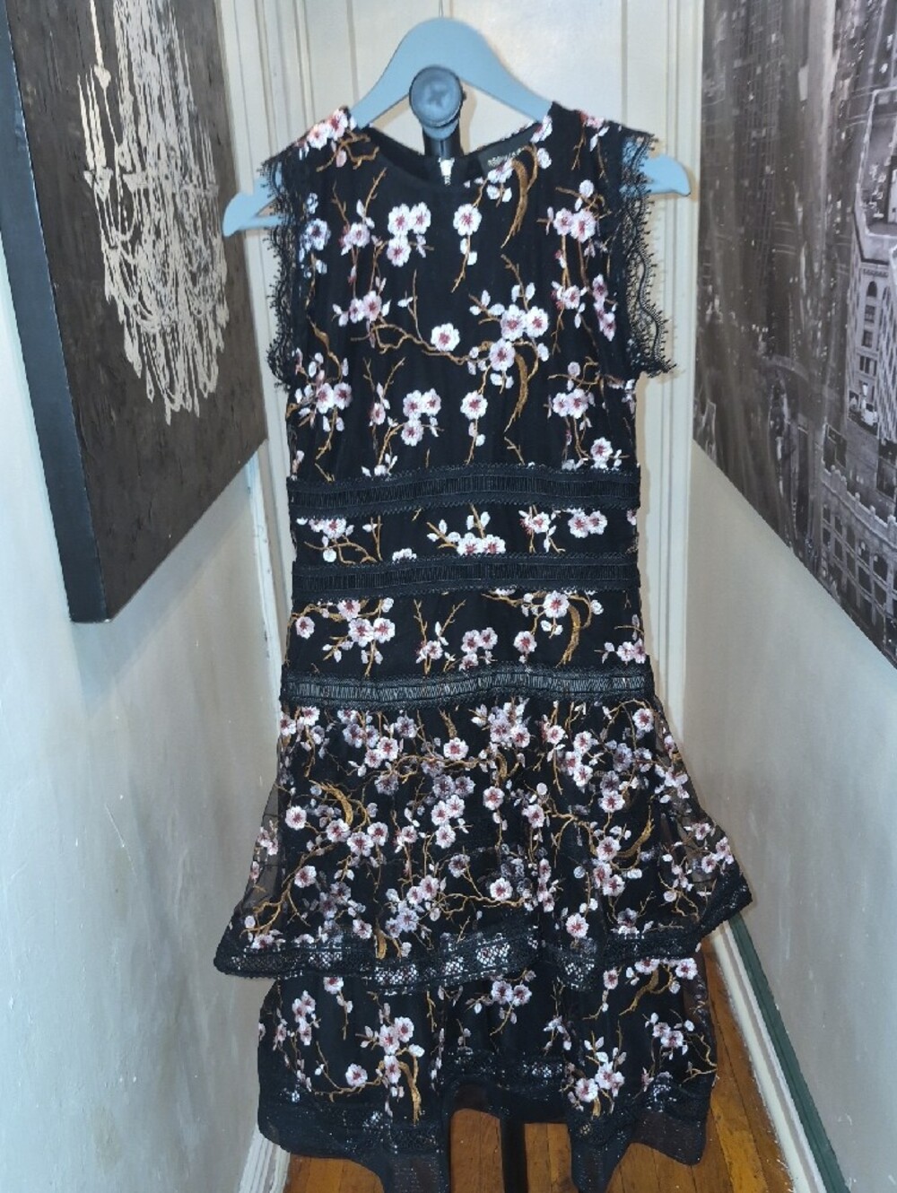 Bronx and Banco Black Dress with Pink and Gold Floral Embroidery - Picture 3 of 6